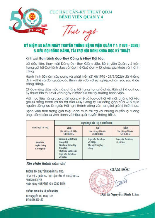 KỶ NIỆM 50 NĂM NGÀY TRUYỀN THỐNG BỆNH VIỆN QUÂN Y 4 (1976 - 2026)  & KÊU GỌI ĐỒNG HÀNH, TÀI TRỢ HỘI NGHỊ KHOA HỌC KỸ THUẬT