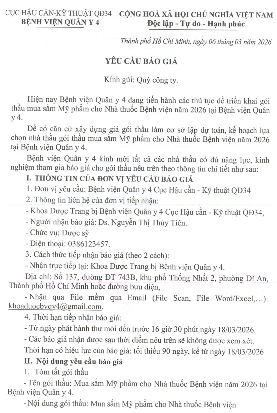 Yêu cầu báo giá gói thầu mua sắm mỹ phẩm cho nhà thuốc bệnh viện 2026