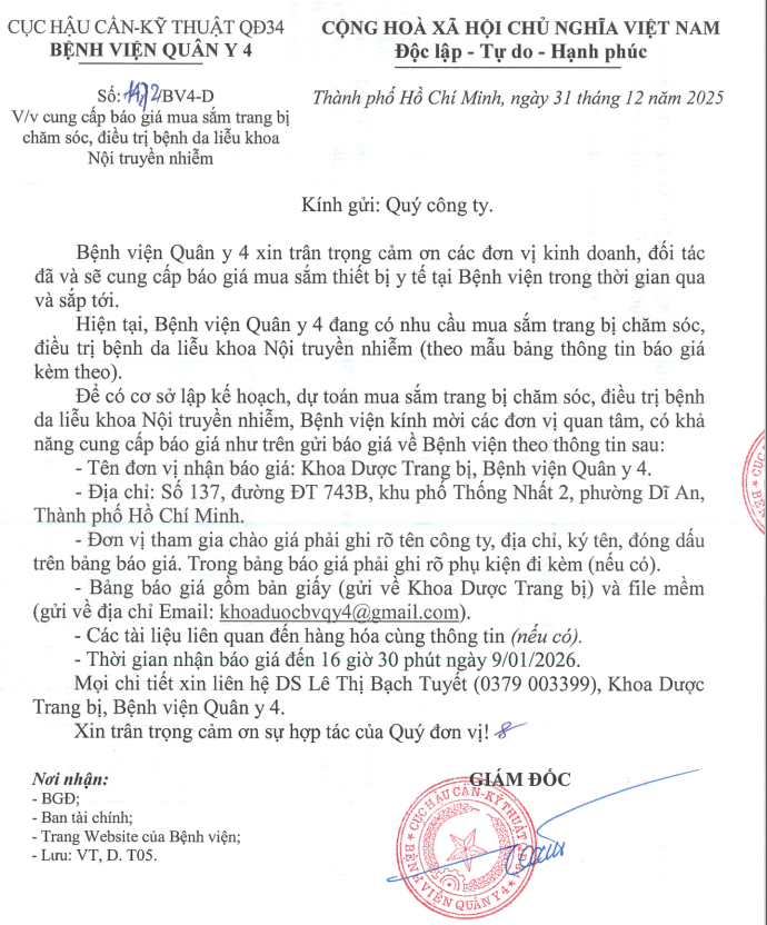 CV 1472 yêu cầu báo giá mua sắm trang bị chăm sóc, điều trị bệnh da liễu
