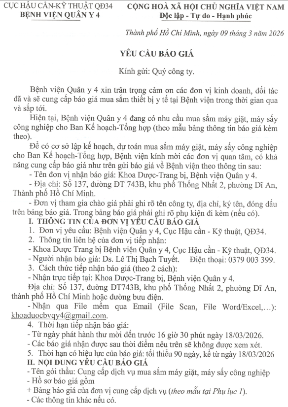 Yêu cầu báo giá mua sắm máy giặt, máy sấy công nghiệp