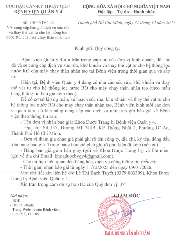 CV 1464 cung cấp báo giá dịch vụ súc rửa và thay thế vật tư cho hệ thống lọc nước RO của máy chạy thận nhân tạo