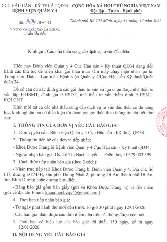 CV 1474 cung cấp báo giá DVTV đấu thầu