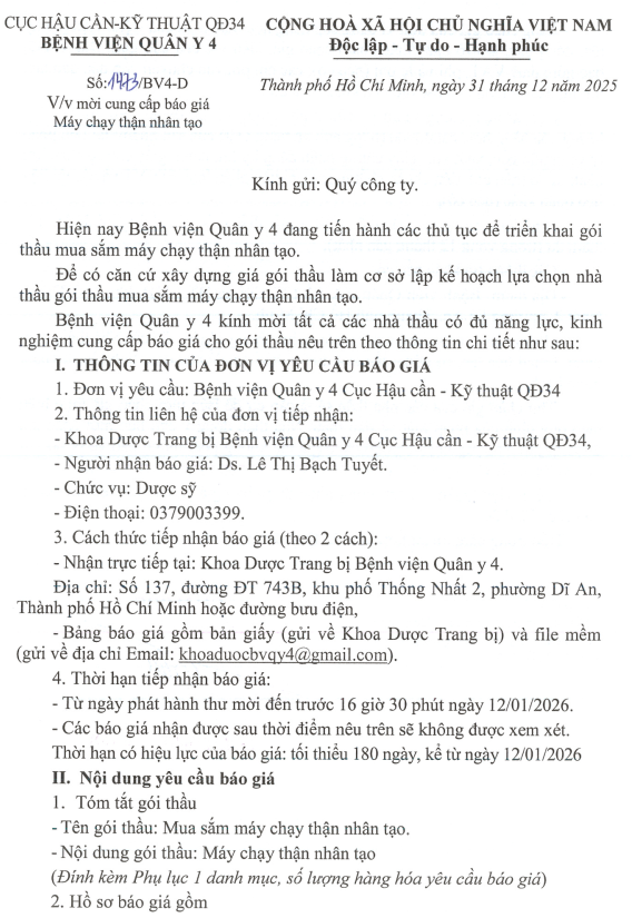 CV 1473 cung cấp báo giá máy thận nhân tạo